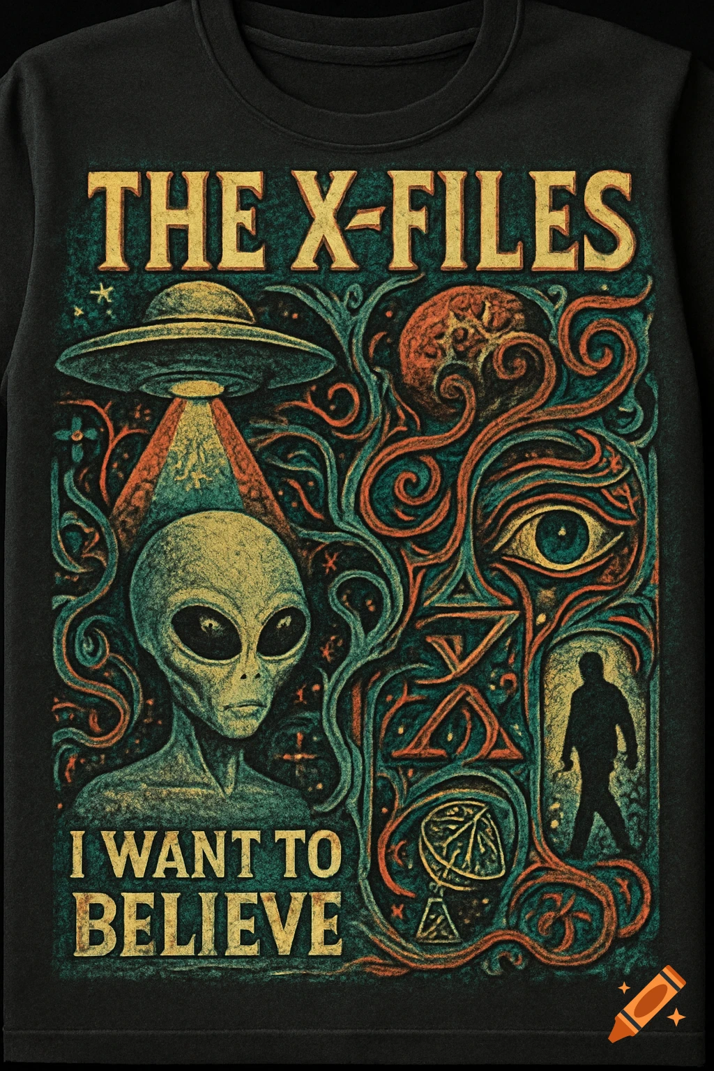 Retro X-Files t-shirt design with alien, UFO, and text 'I Want To Believe'