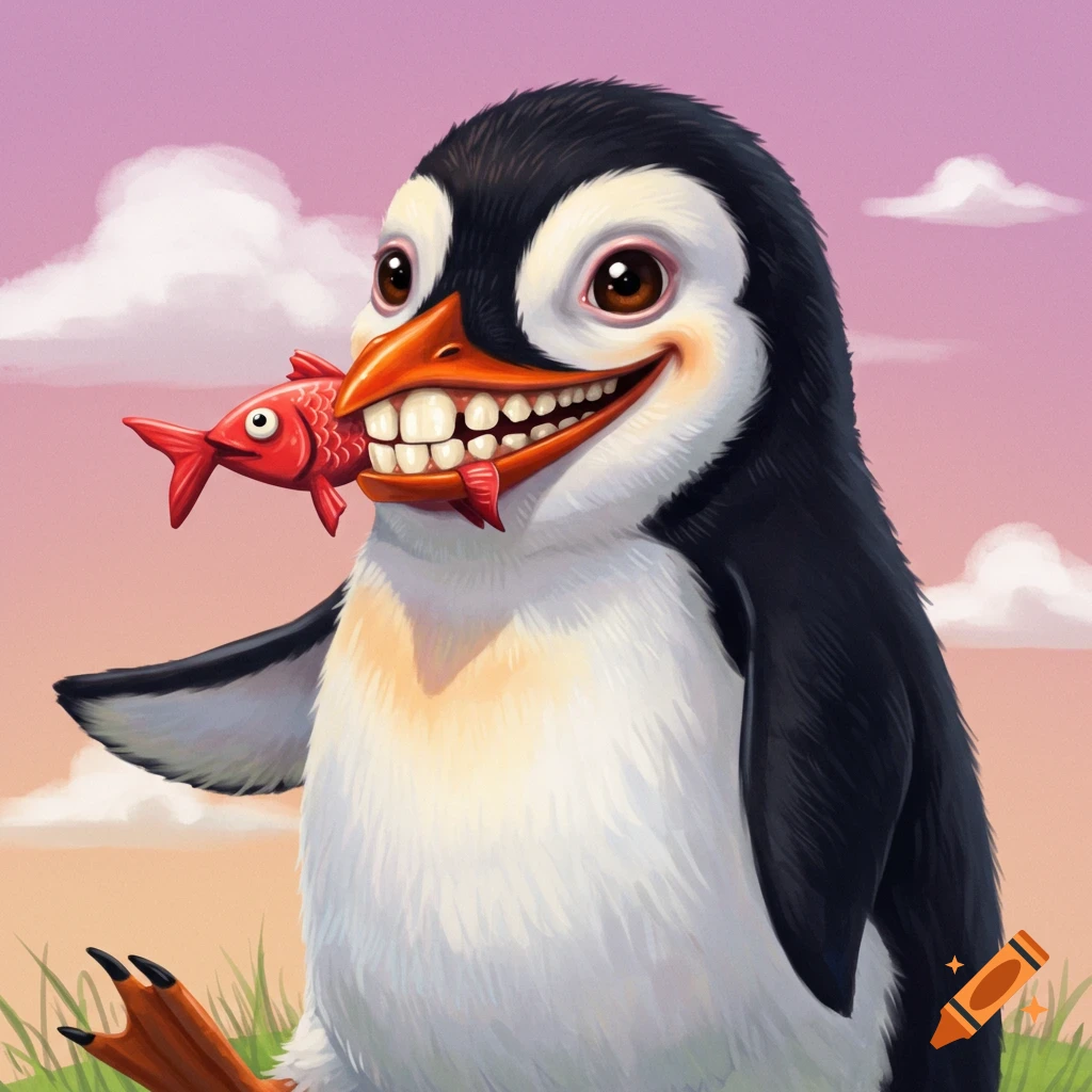 Cartoonish penguin with human teeth holding a red fish in its mouth.