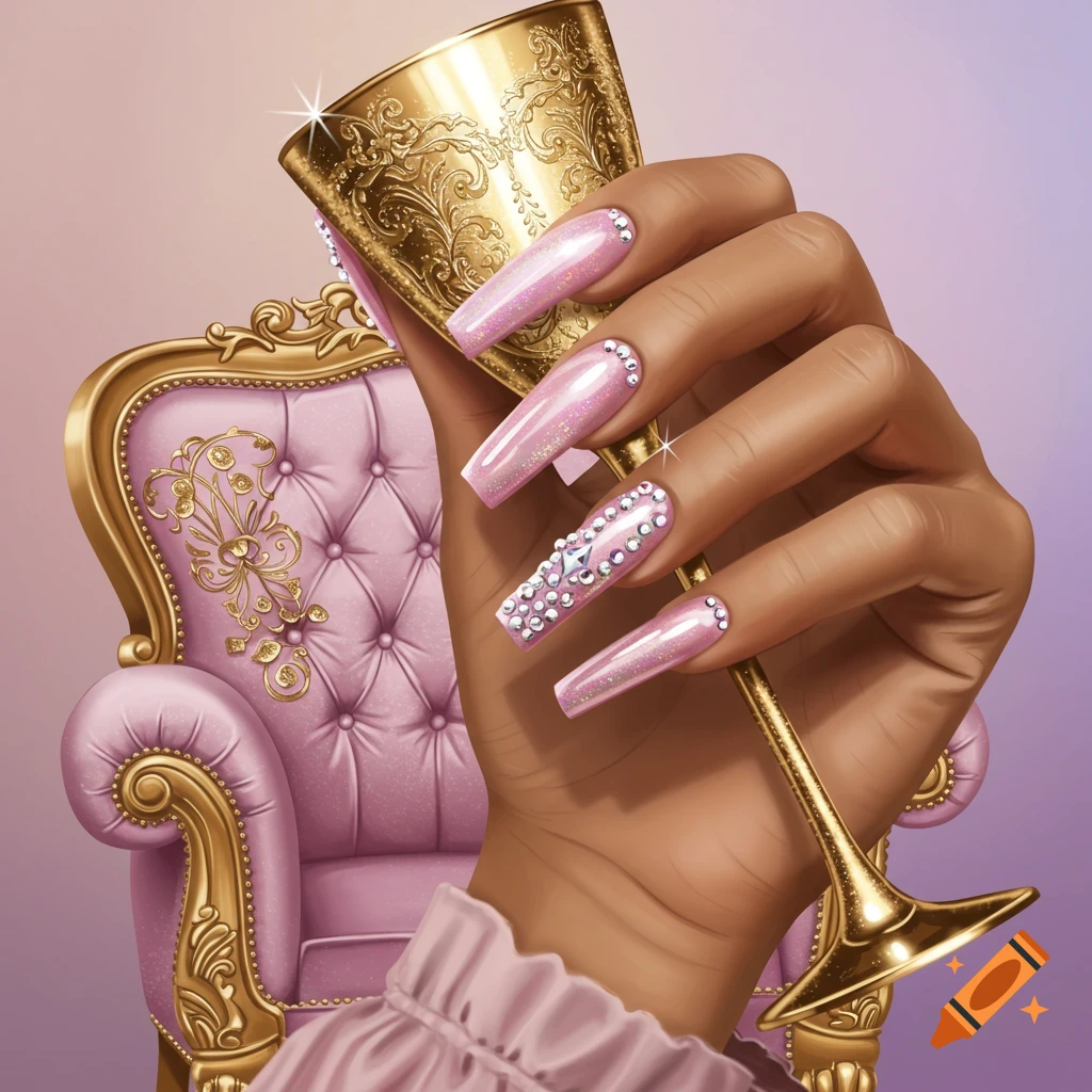A hand with long pink bejeweled nails holds a golden goblet next to a pink velvet chair.