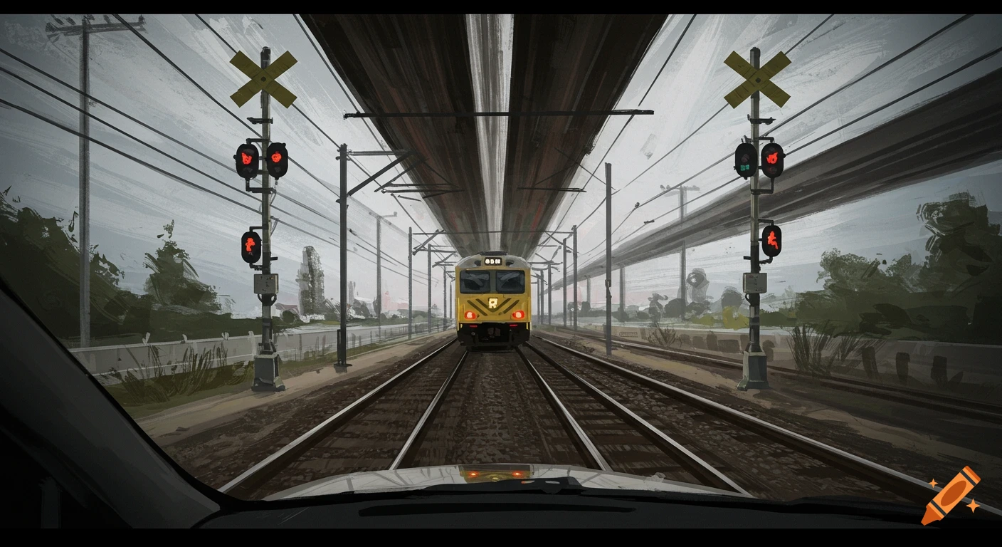 A yellow train approaches a railway crossing with red signals, viewed from inside a vehicle in a digital painting style.