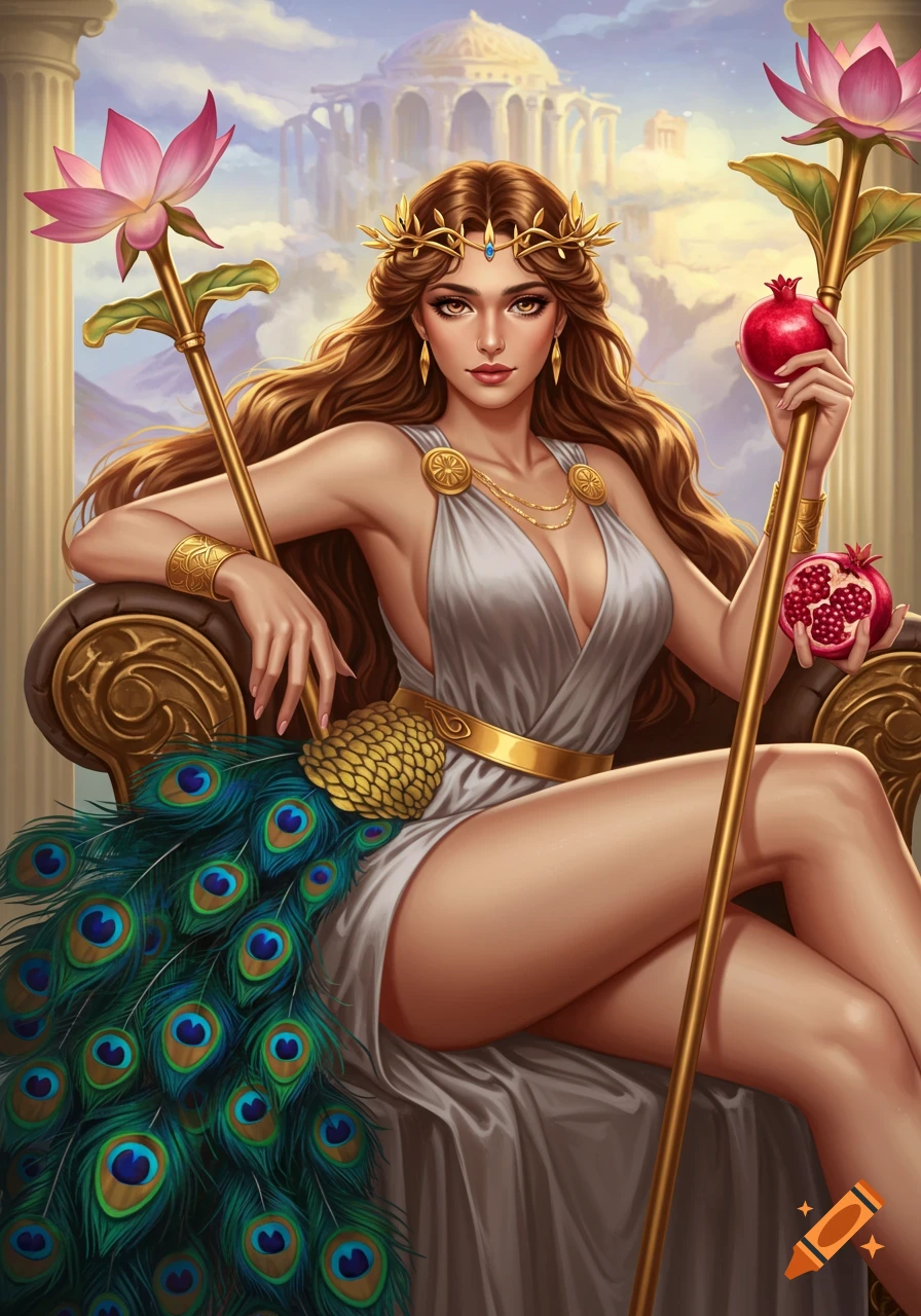 A goddess in a white dress sits on a throne with peacock feathers, holding a lotus scepter and pomegranate, with Olympus in the background, ethereal style.