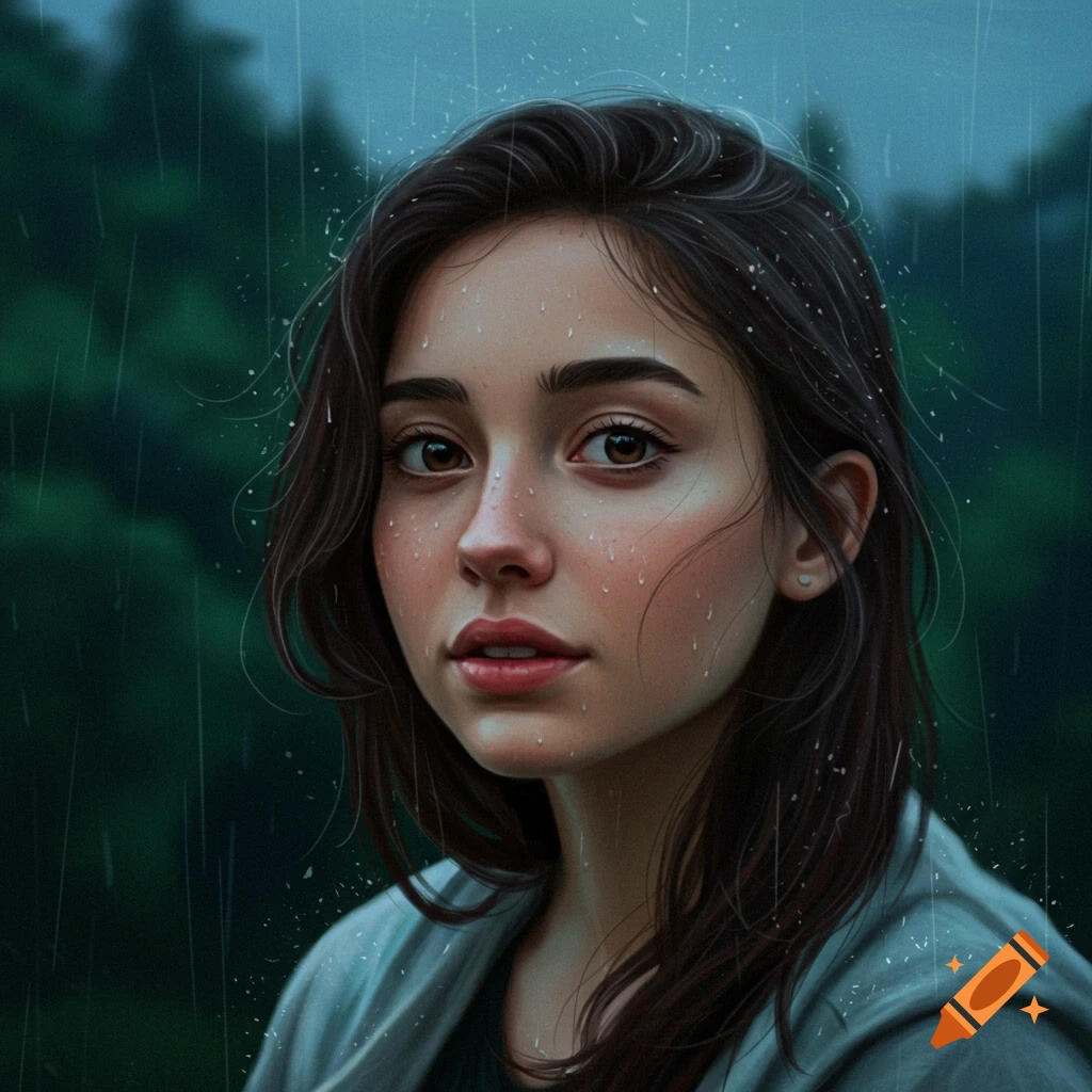 Close-up portrait of a young woman with rain droplets on her face and hair, looking forward in the rain.