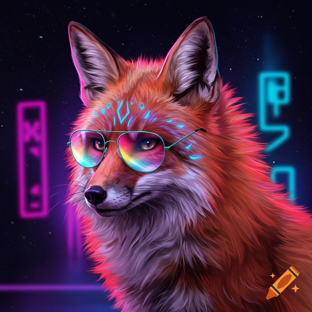 A cool fox wearing colorful sunglasses in a neon synthwave style.