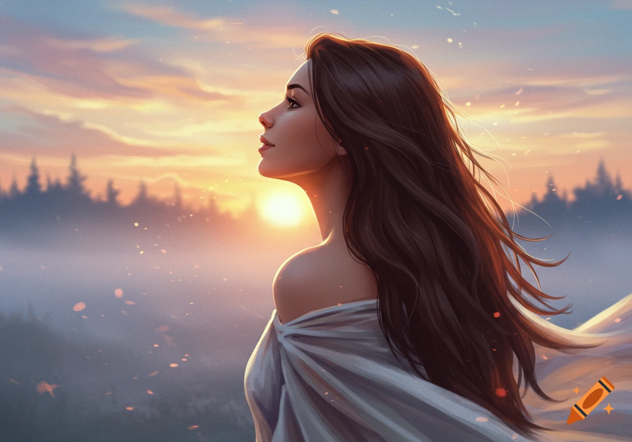 Fantasy portrait of a woman looking at a misty sunrise over a forest.