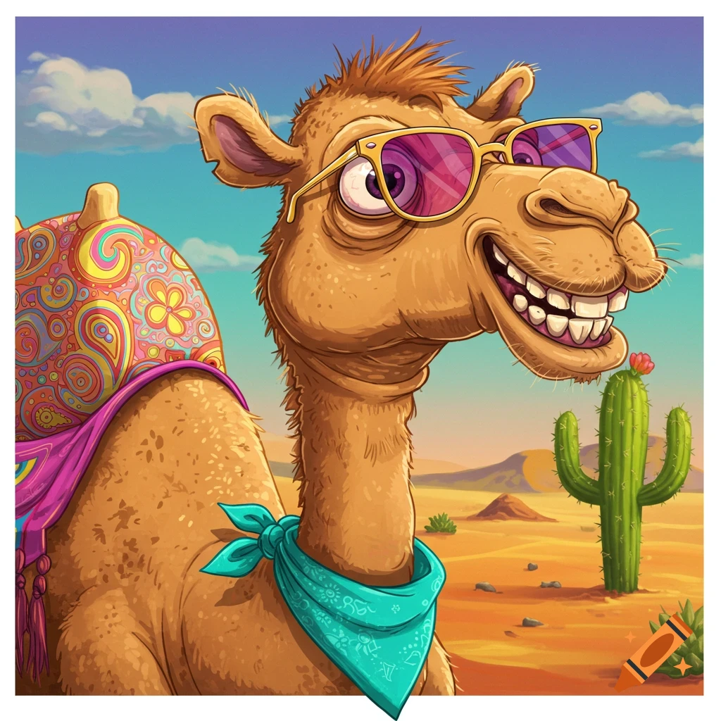 A funny cartoon camel wearing sunglasses and a bandana in the desert.