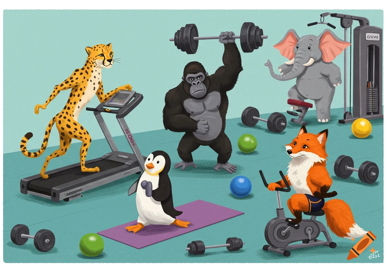 Cartoon animals exercise in a gym. A cheetah on a treadmill, a gorilla lifts weights, a penguin does yoga, a fox bikes, and an elephant uses a machine.