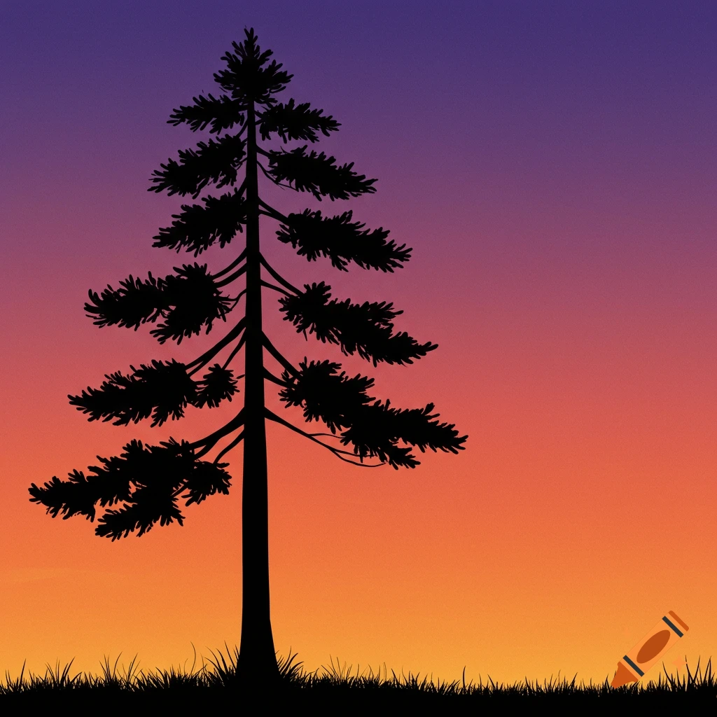 Silhouette of a pine tree against an orange and purple sunset.