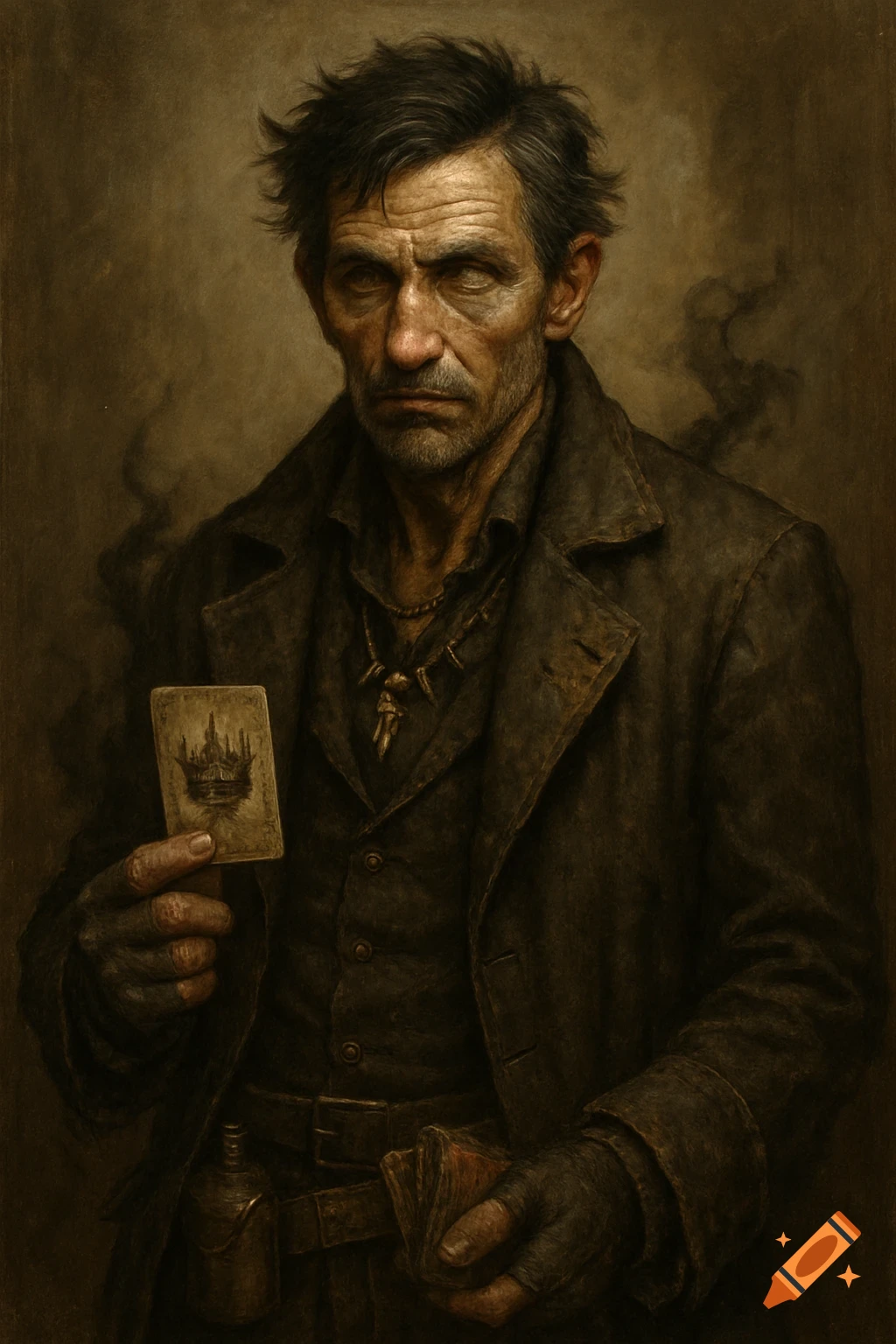 Dark portrait of a grizzled man holding a playing card, painterly style