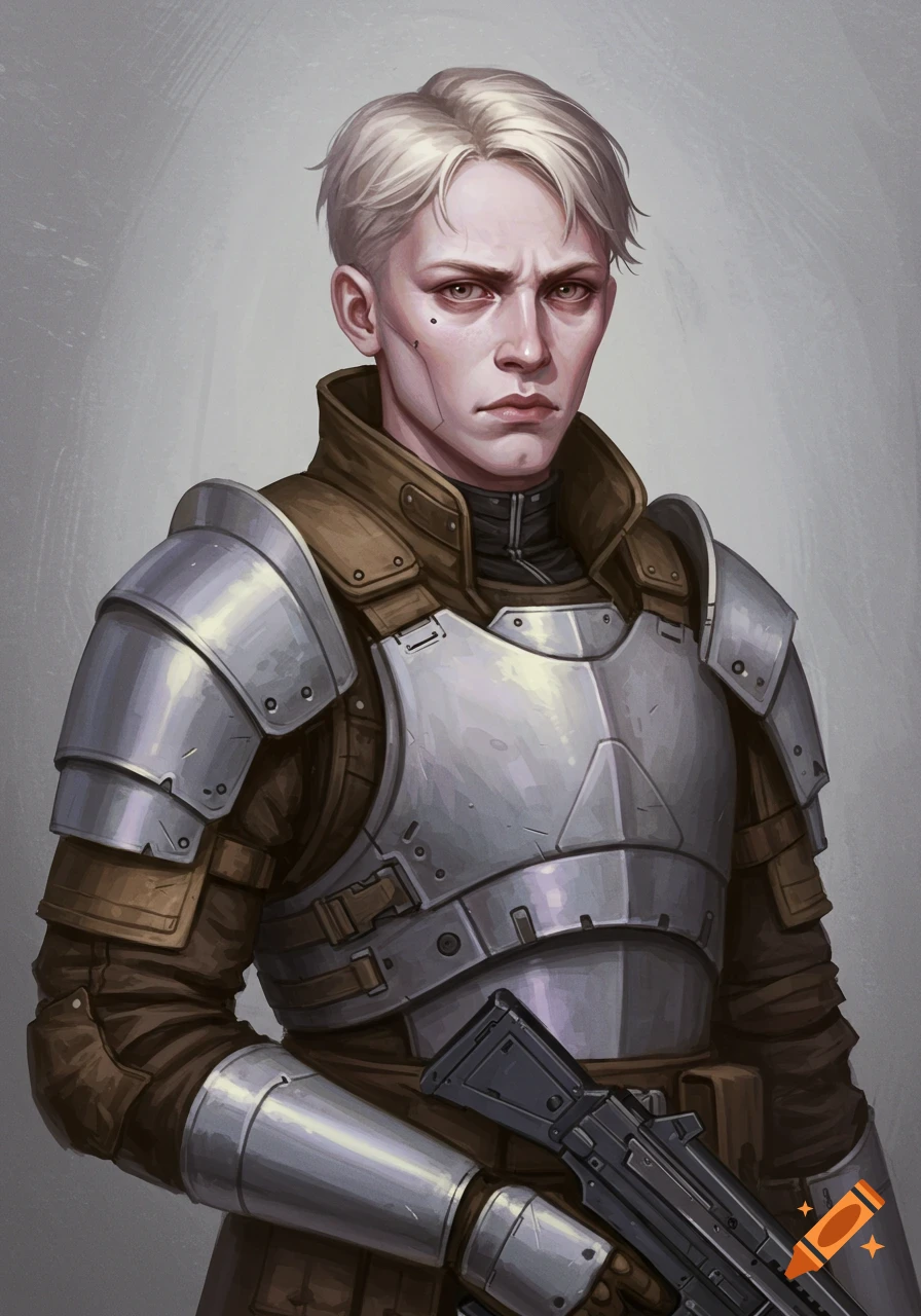 Portrait of a pale-skinned sci-fi soldier with blonde hair, wearing light armor and holding a weapon, with a determined expression.