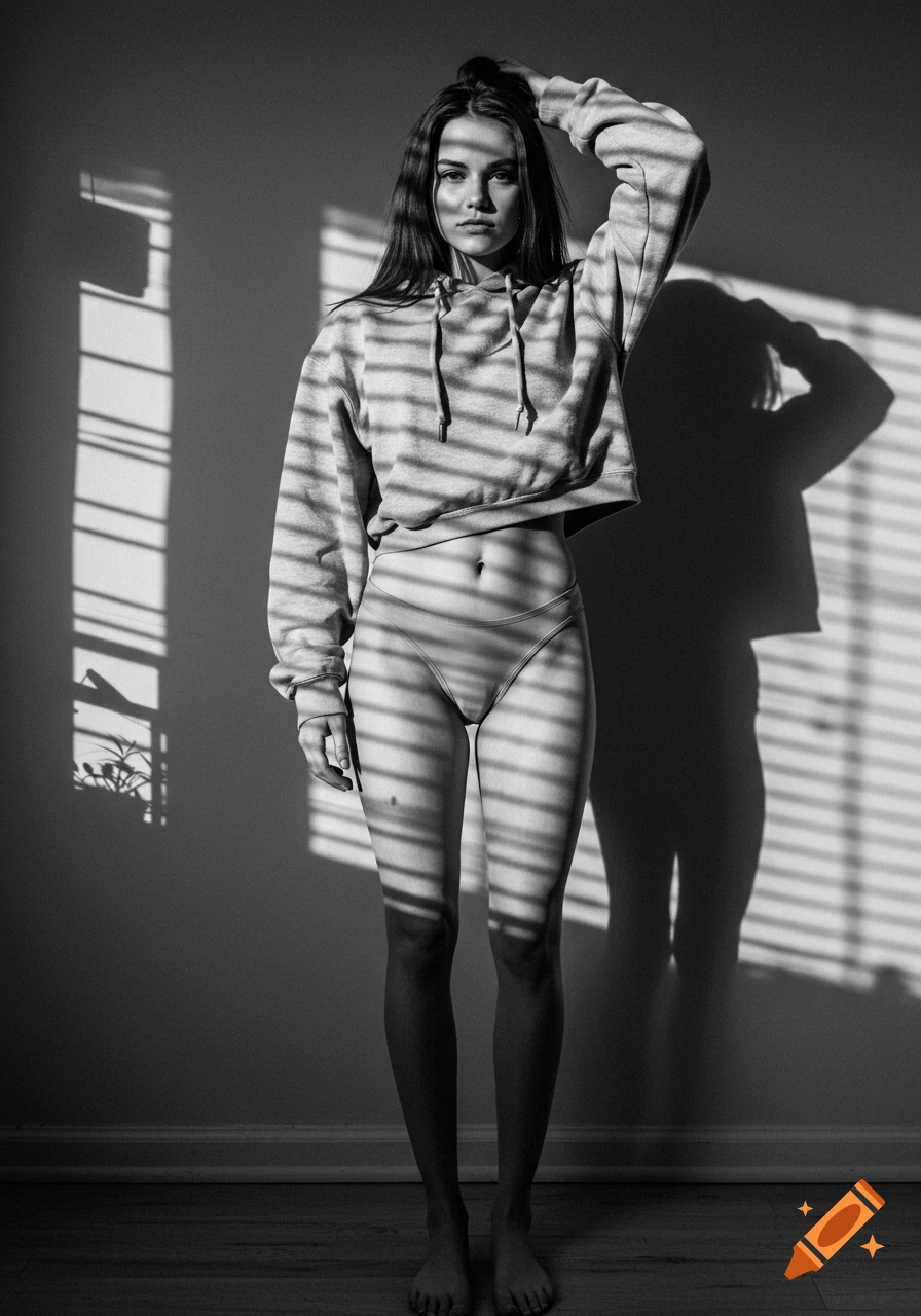 Black and white photo of woman in crop top and underwear with blinds casting shadows.
