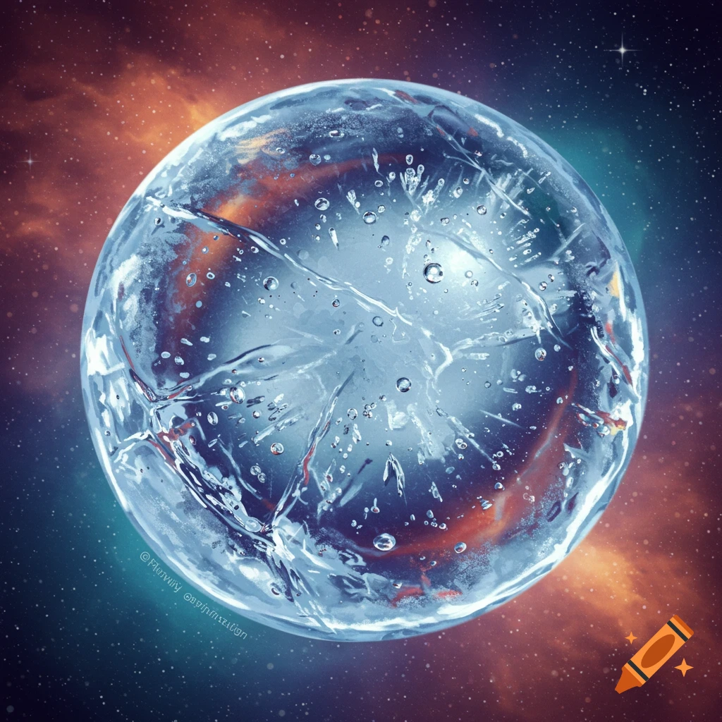 Detailed ice sphere in space with a colorful nebula background