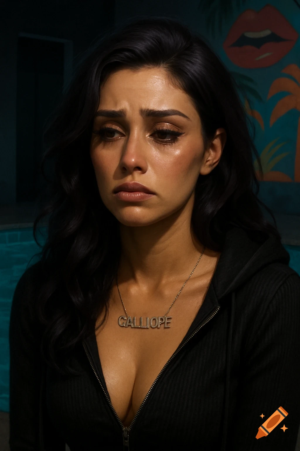 A sad woman with dark hair wears a low-cut hoodie and 'CALLIOPE' necklace by a pool with a mural.