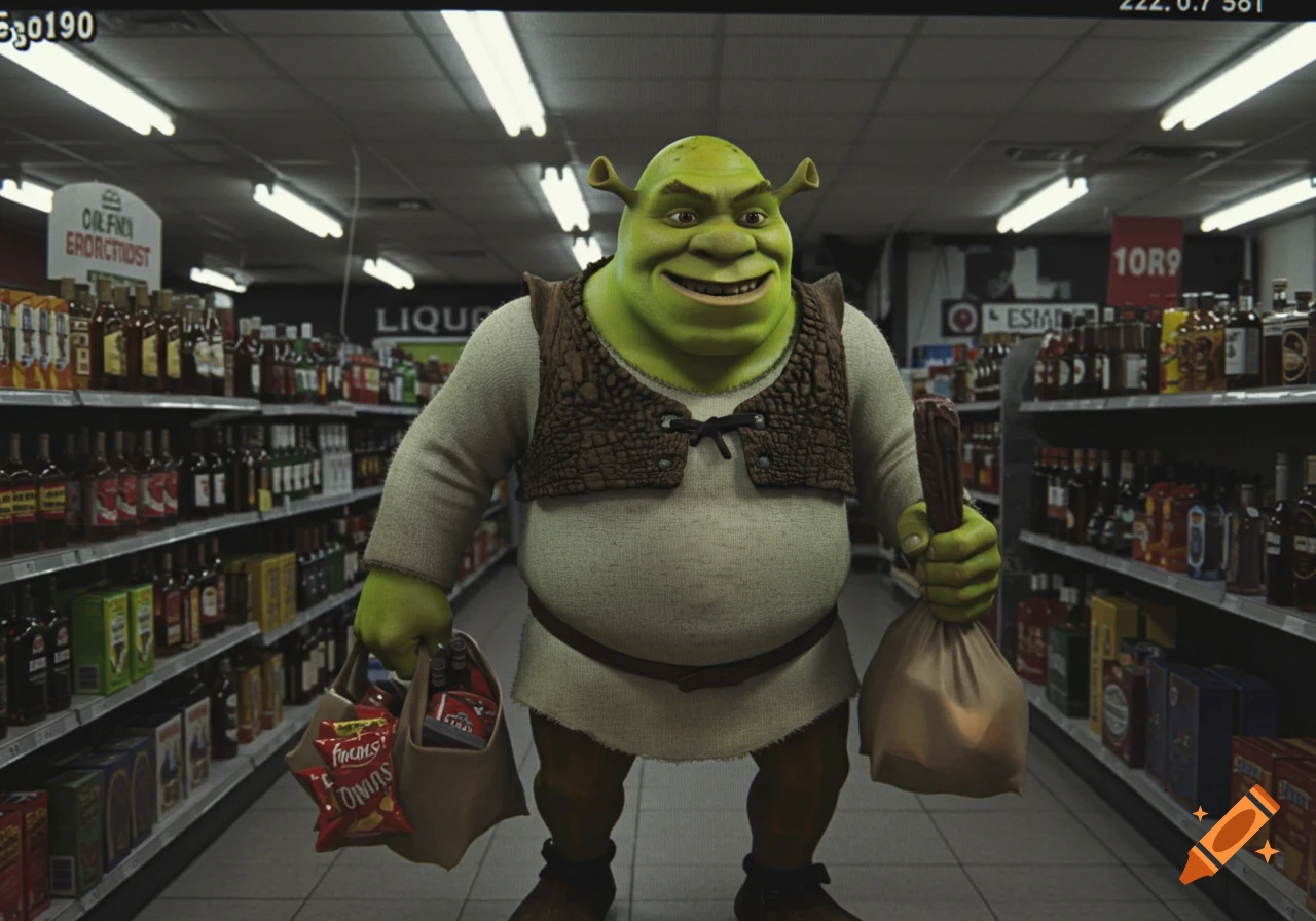 Shrek stands in a liquor store holding shopping bags. CGI style.