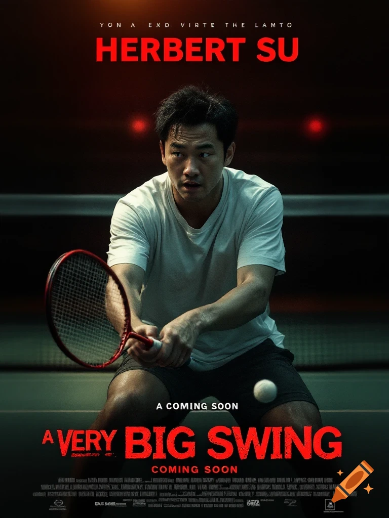 Movie poster of a man in a white shirt playing tennis, with the title 'A Very Big Swing'.