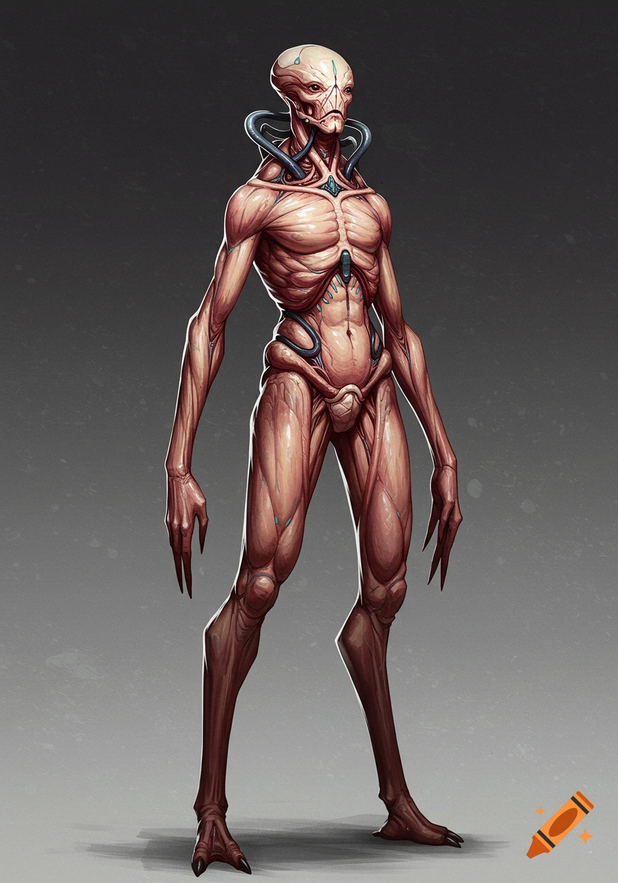 Full render of a skinless biomechanical alien creature with tubes and exposed muscles.