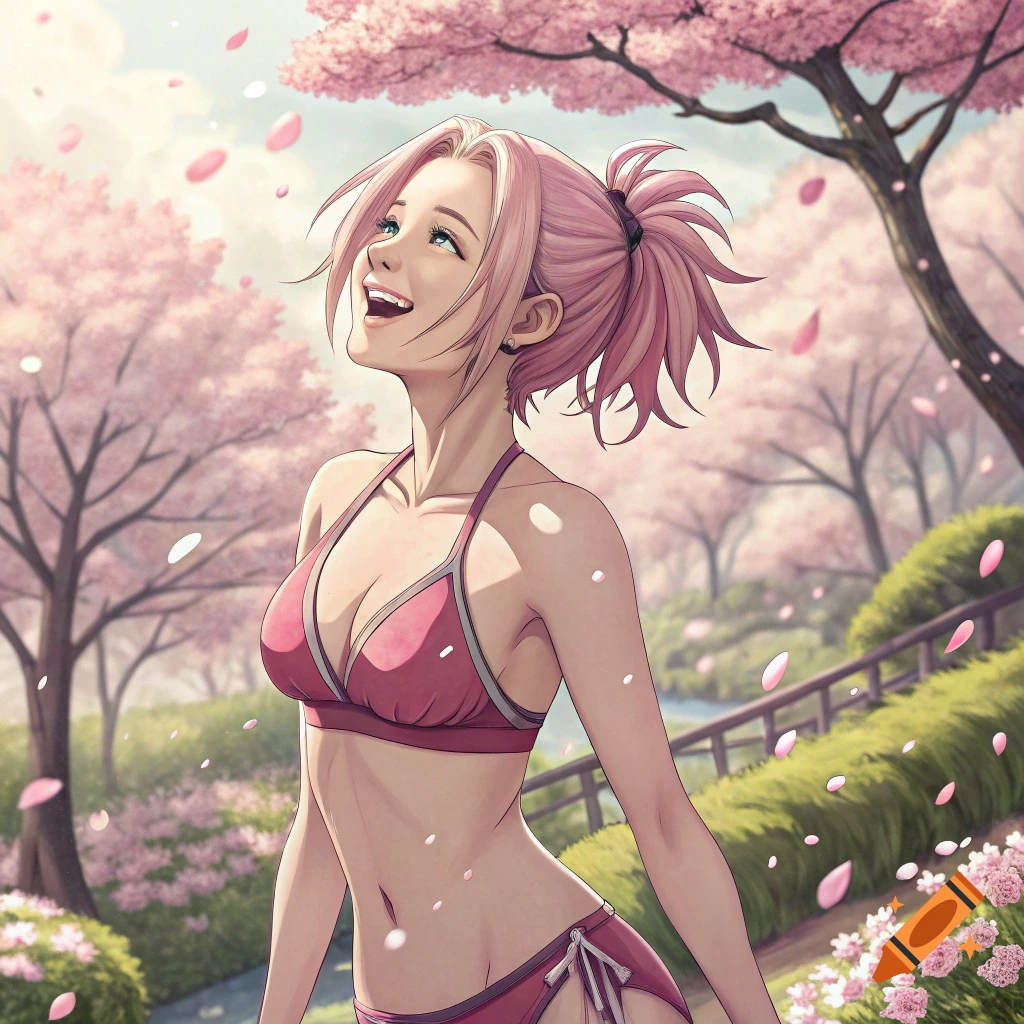 Anime character resembling Sakura in a pink bikini standing in a park among falling cherry blossoms.