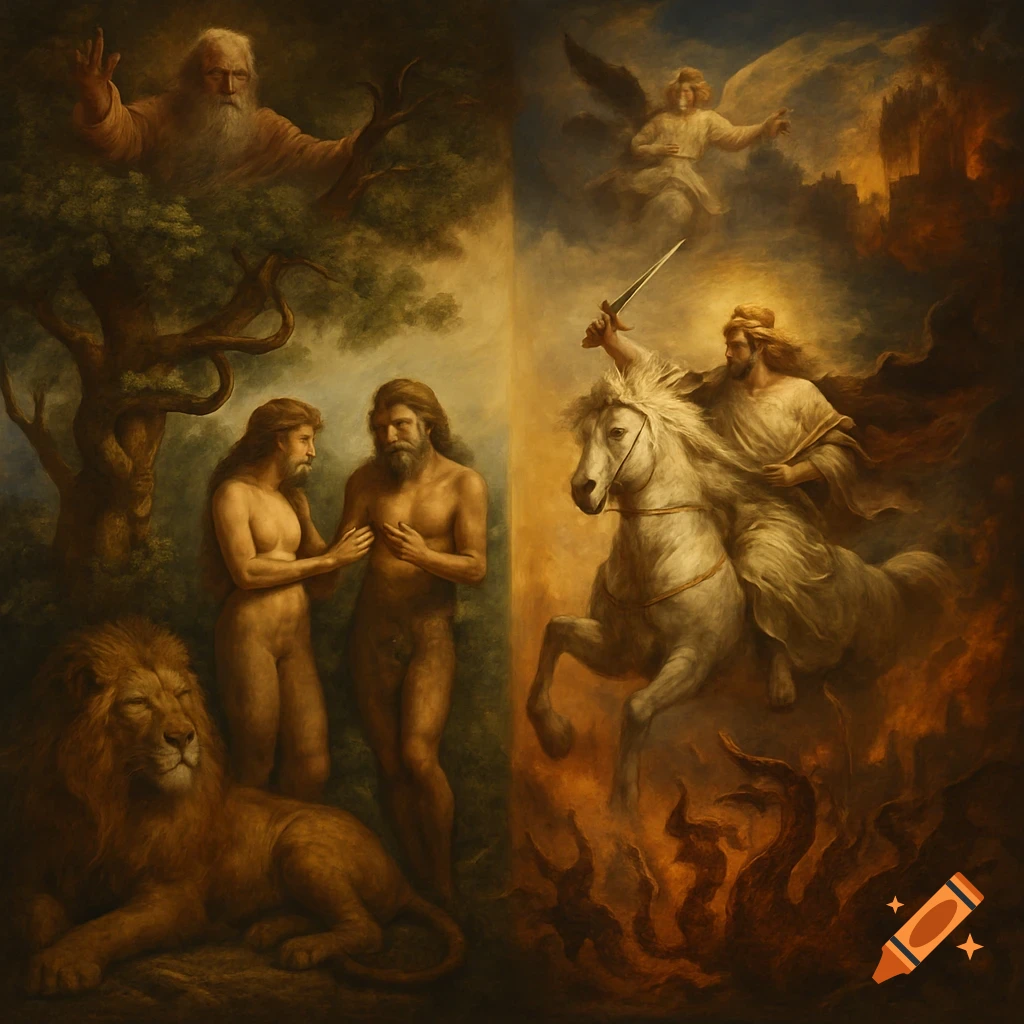 Biblical art depicting Genesis (Adam, Eve, lion, God) and Revelation (rider on white horse, angel, fire).