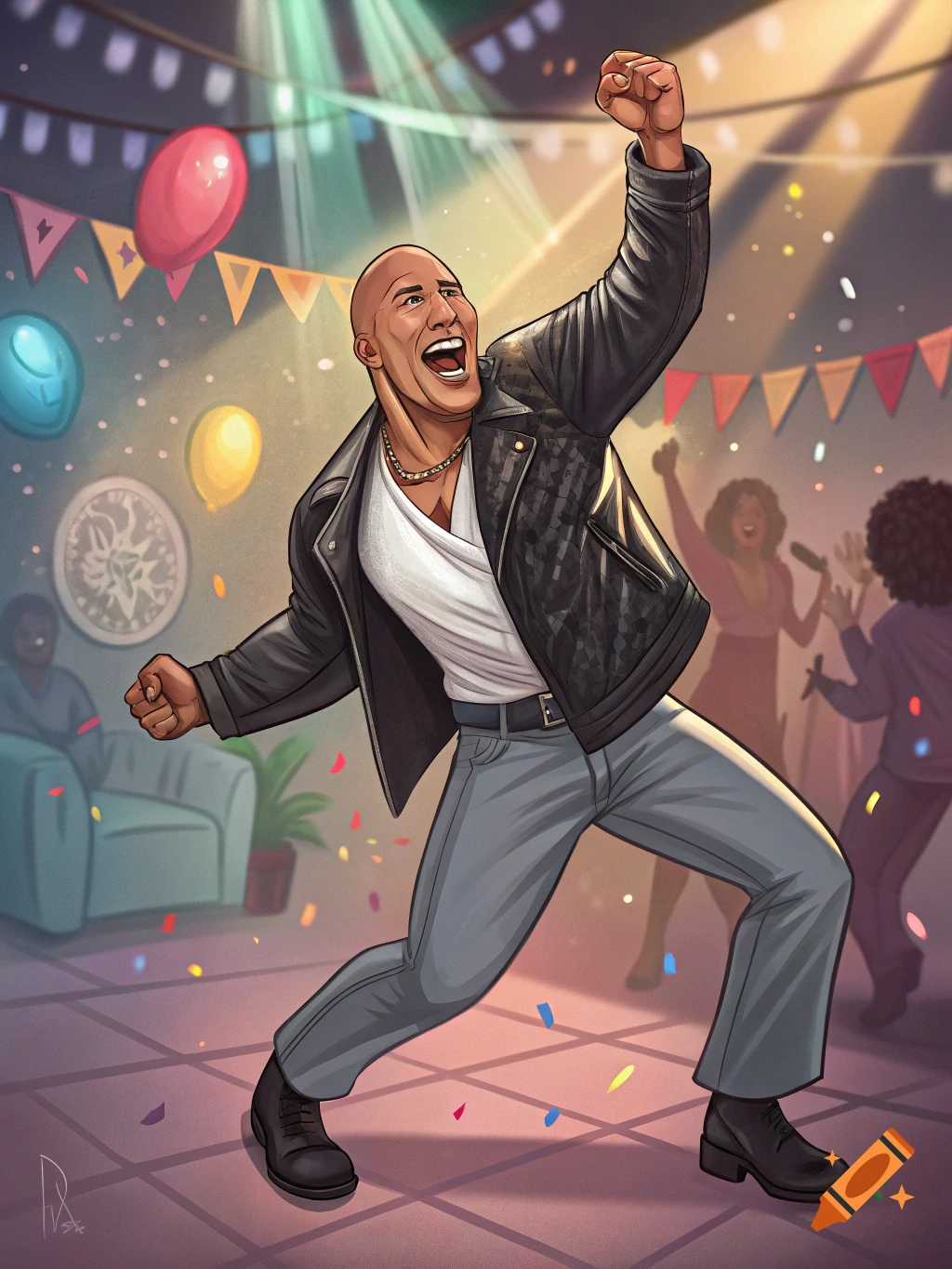 A stylized illustration of a man in a leather jacket dancing at a party, with confetti and balloons.