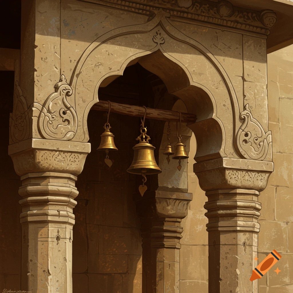 Digital painting of a stone archway with ornate pillars and hanging brass bells.