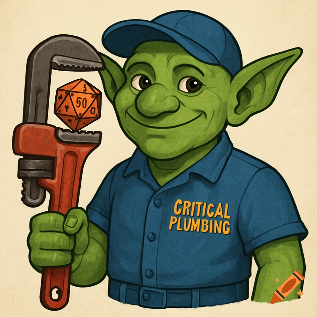 Cartoon illustration of a goblin plumber holding a wrench with a D20 die inside.