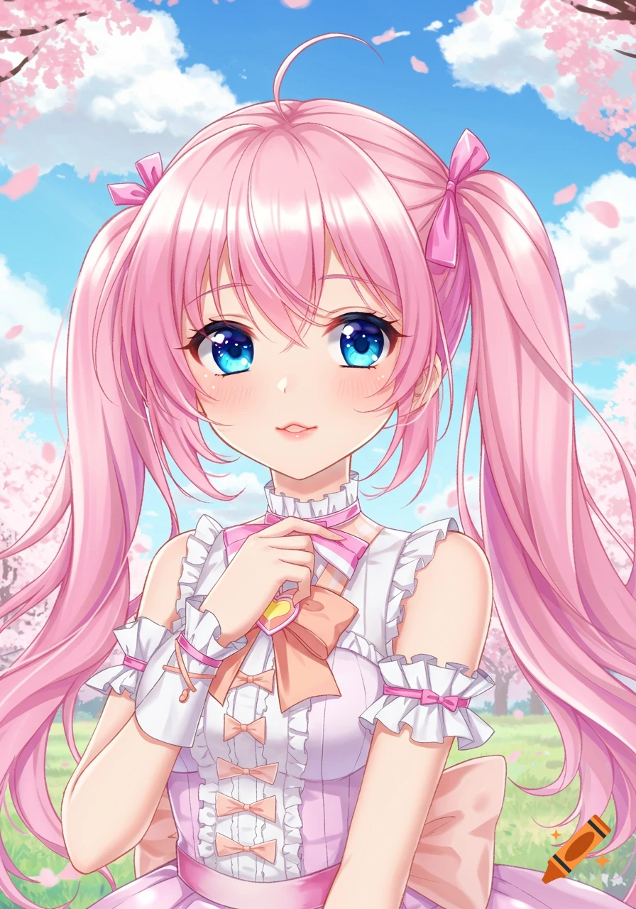 Anime portrait of a girl with pink twin tails and blue eyes smiling among cherry blossoms.