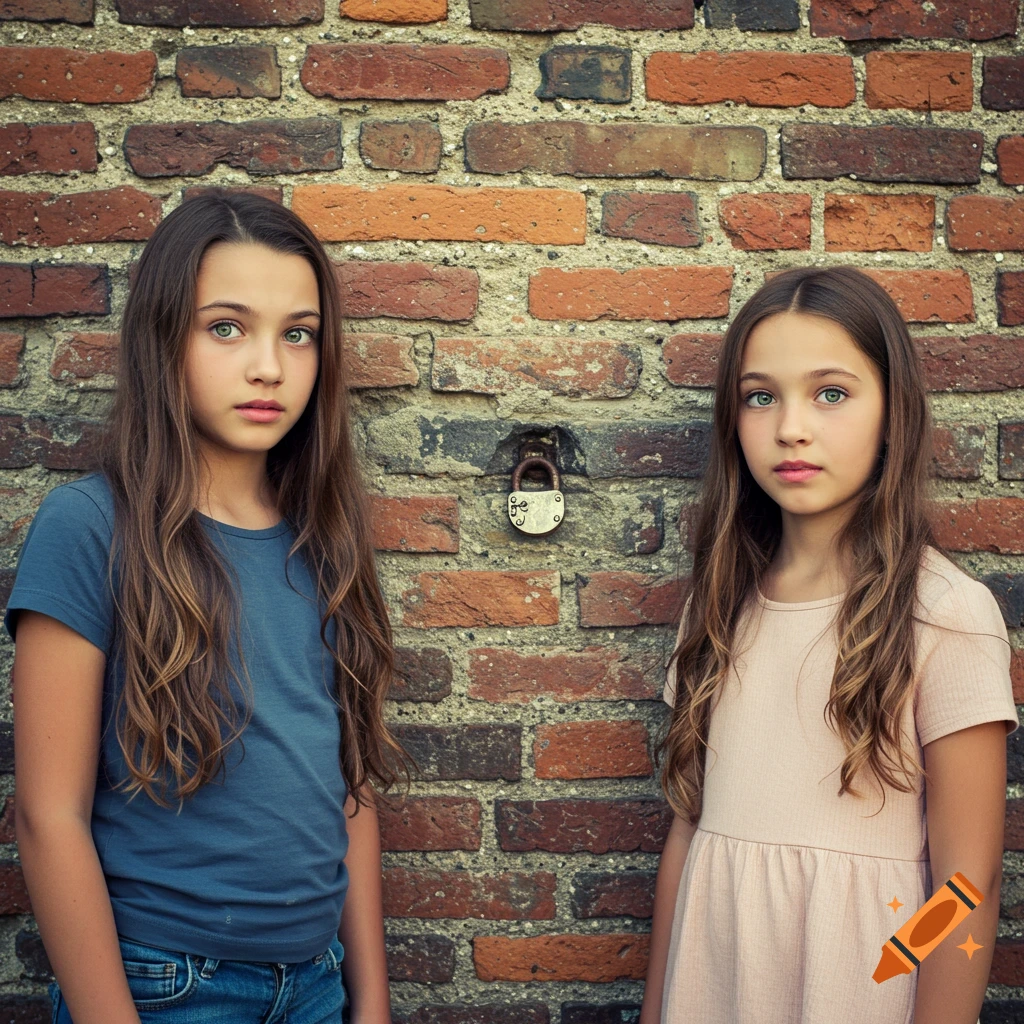 Two young girls with brown hair and green eyes stand in front of a brick wall with a lock, looking puzzled.