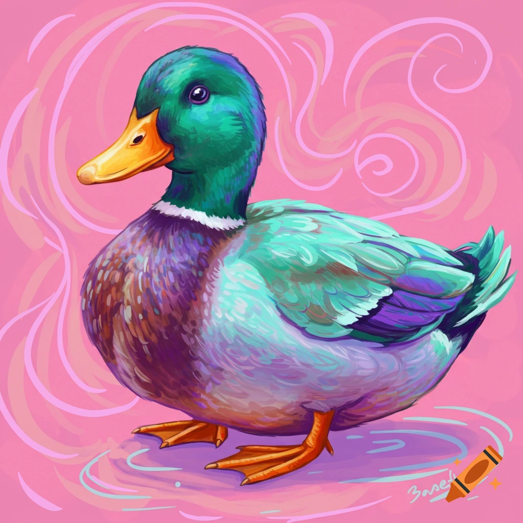 Colorful illustration of a mallard duck on a pink, swirling background.