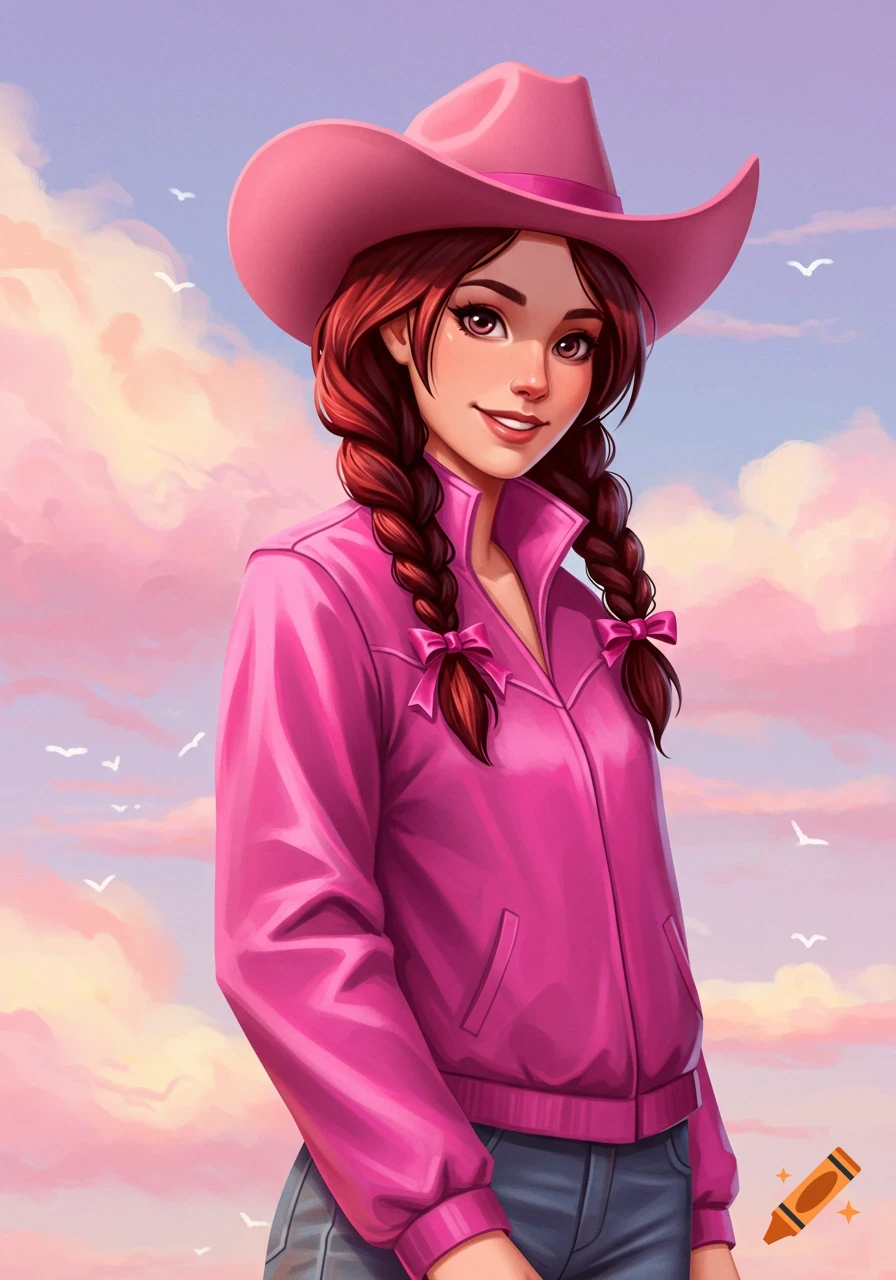 Digital illustration of a young woman in a pink cowboy hat and jacket