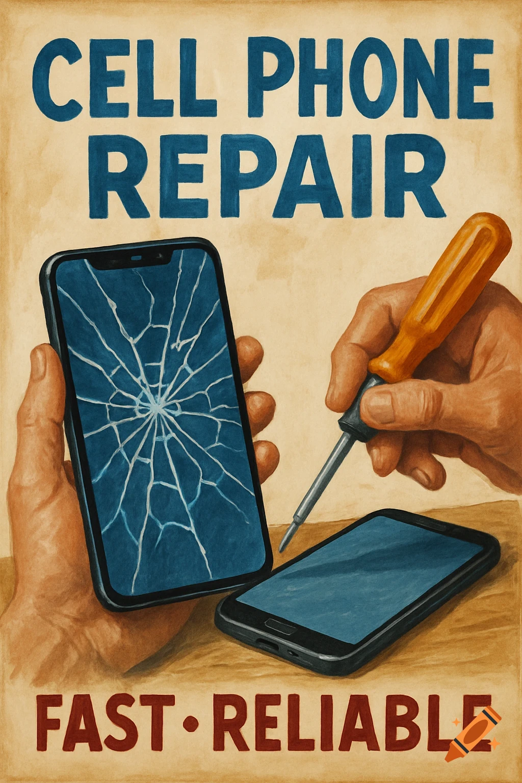 Vintage style illustration of a cell phone repair ad with text 'Cell Phone Repair' and 'Fast Reliable', showing hands working on phones.