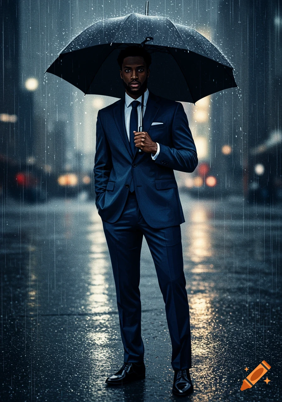 A Black man in a suit stands under an umbrella in the rain on an urban street.
