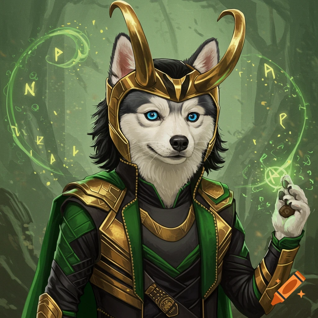 A husky dog dressed as Loki in a green and gold costume, casting green magic.