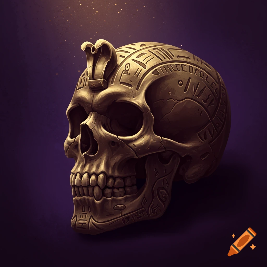 Stylized skull with ancient Egyptian hieroglyph-like markings and a cobra on top, on a dark background.