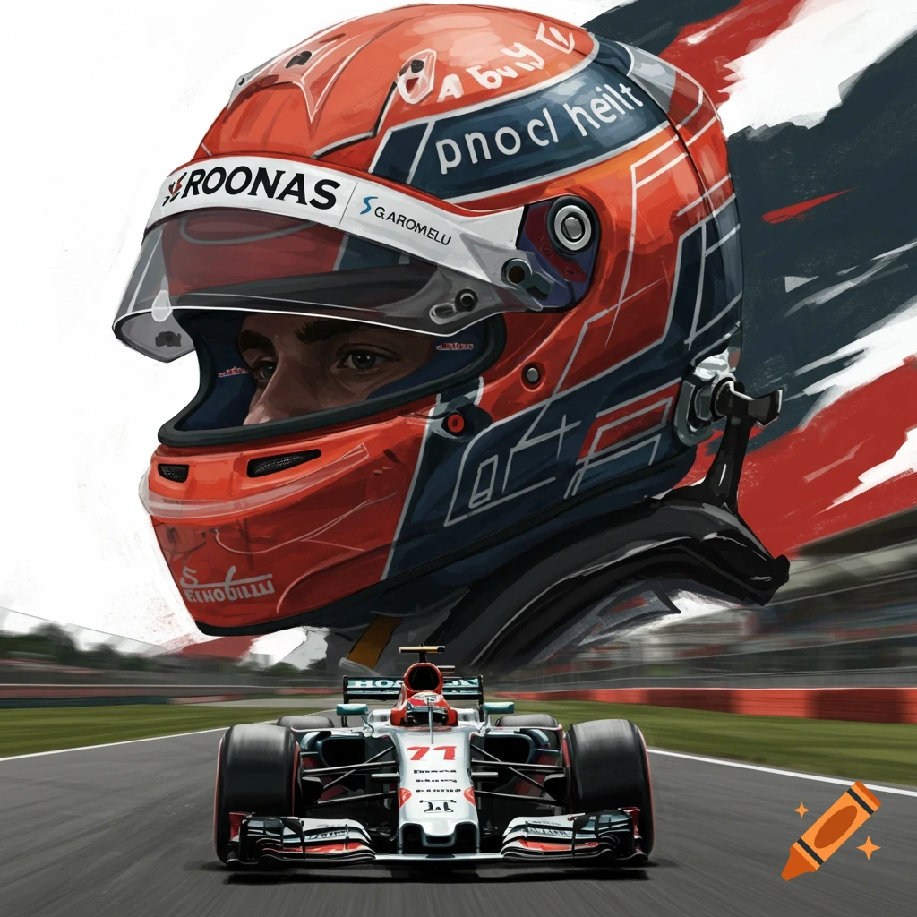 Close-up illustration of a race driver's helmet and eye with an F1 car on a track in the background.