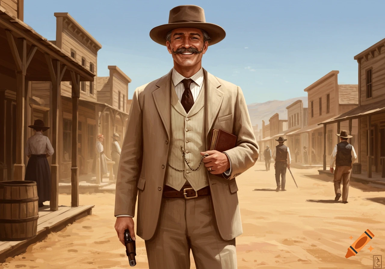 A man in a cowboy hat and suit stands in a dusty street of a Wild West town, holding a book and a gun. High noon.