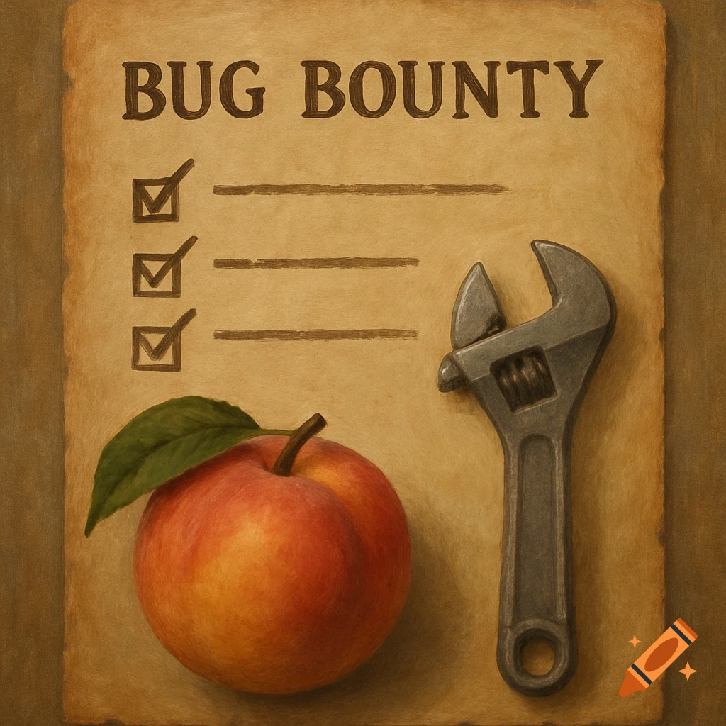 A piece of paper titled 'BUG BOUNTY' with checkmarks next to an apple and a wrench