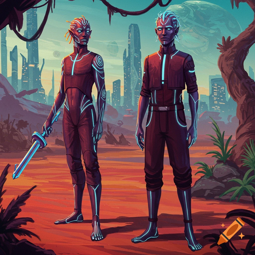 Two futuristic alien figures stand in a desert landscape with a sci-fi city in the background, one holding a glowing sword.