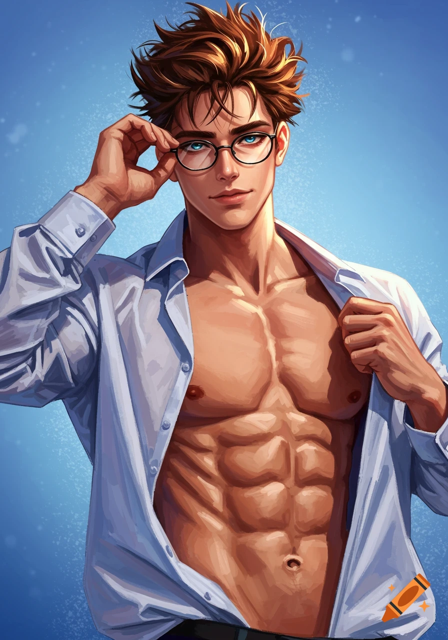 Muscular anime man with messy brown hair, blue eyes, glasses, and an open white shirt.