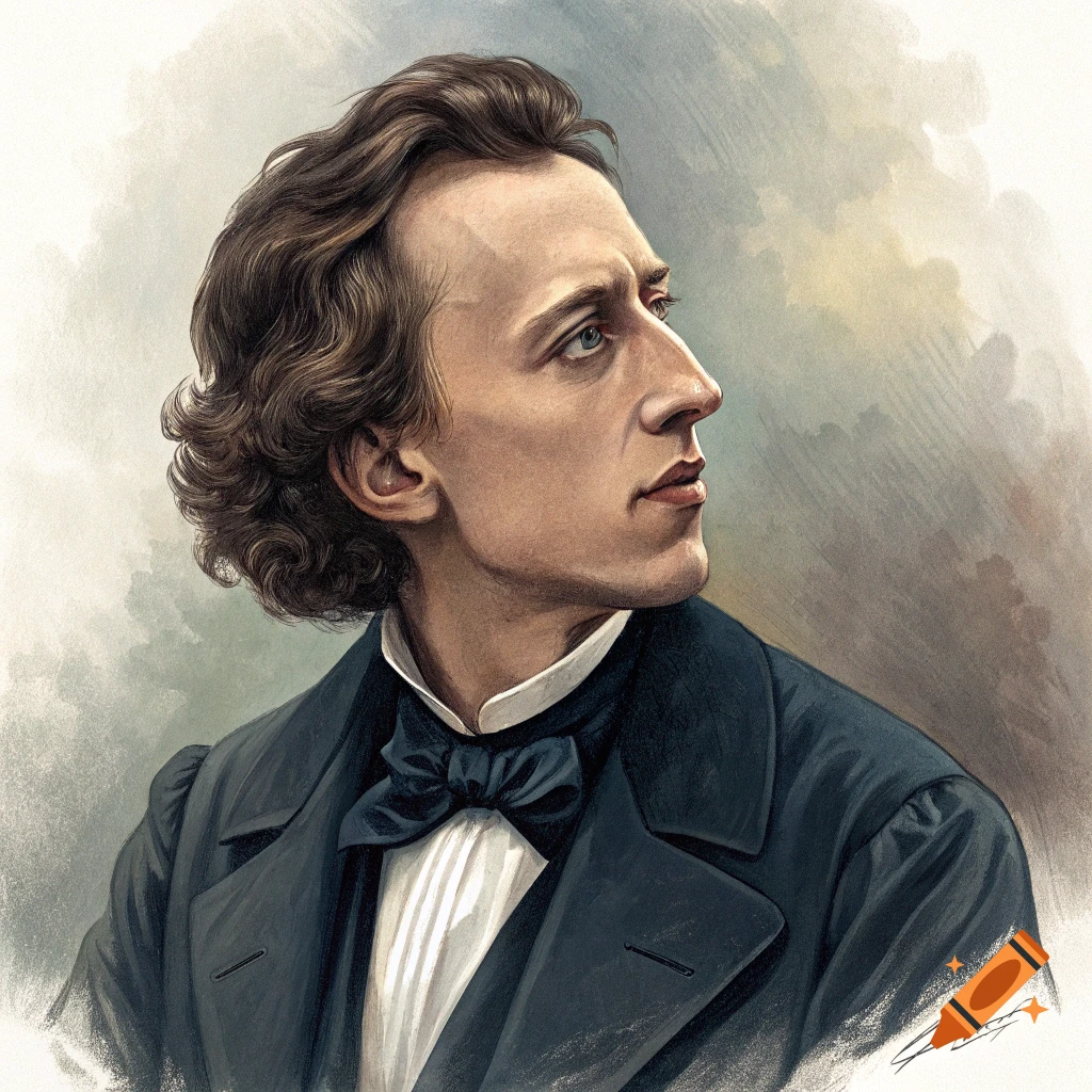 Illustration of a man in profile, wearing a historical suit and bowtie.
