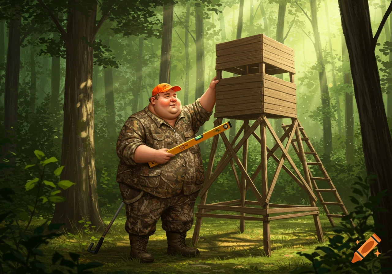 A large man in camouflage holds a level next to a wooden deer stand in a sunny forest clearing.