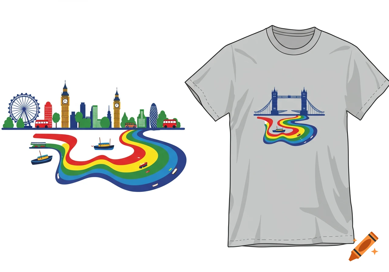 Illustration of London landmarks and a rainbow river on a t-shirt and as a separate graphic.