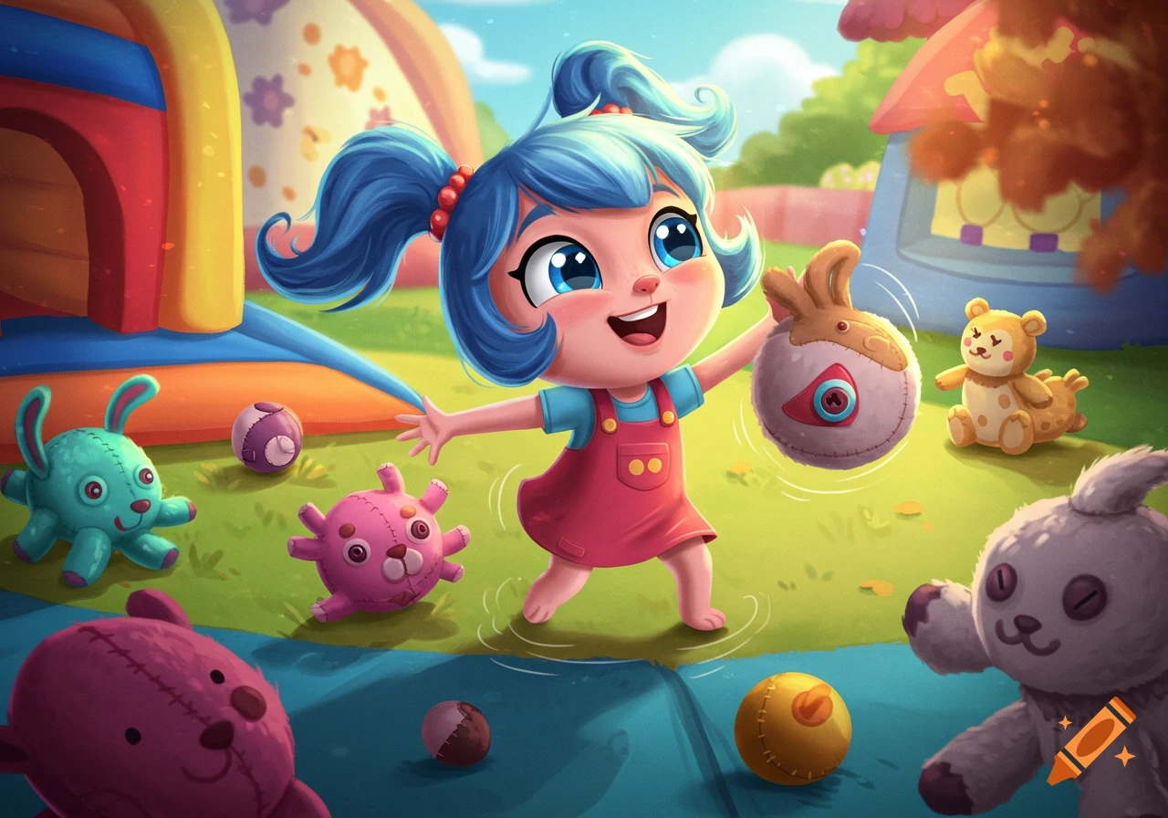Cartoon illustration of a little girl playing with stuffed toys and balls in a sunny yard.