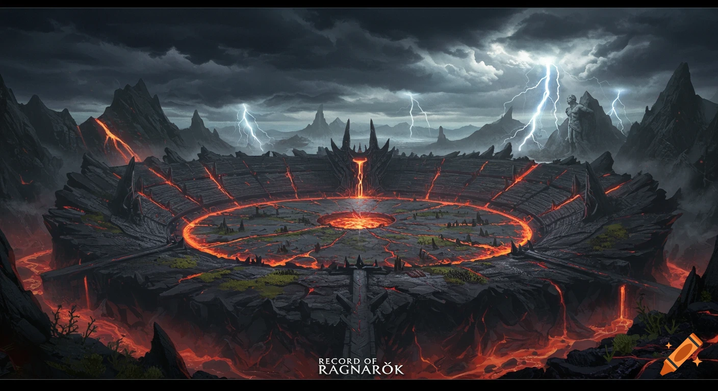 A dark fantasy battle arena with lava flows, surrounded by rocky mountains under a stormy sky with lightning. Features text 'RECORD OF RAGNAROK'.