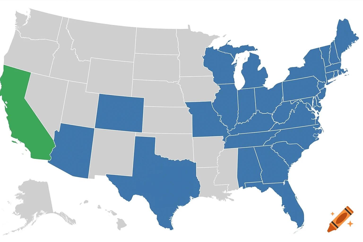 Map of the USA showing states colored blue, green, and grey.