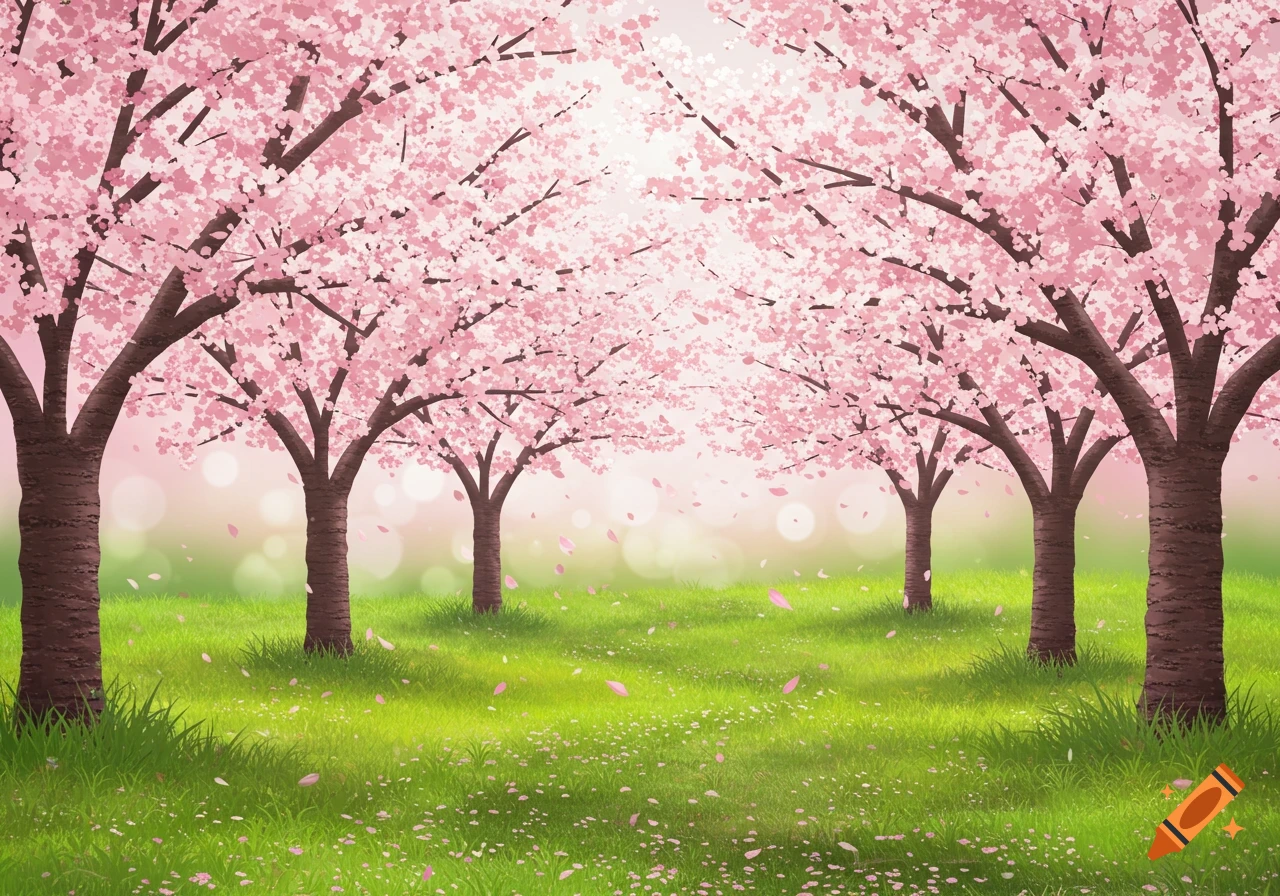 A grassy field with a path lined by cherry blossom trees.