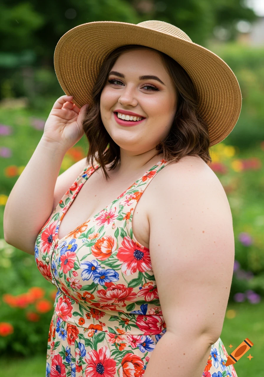 A woman in a floral dress and sun hat smiles in a garden.
