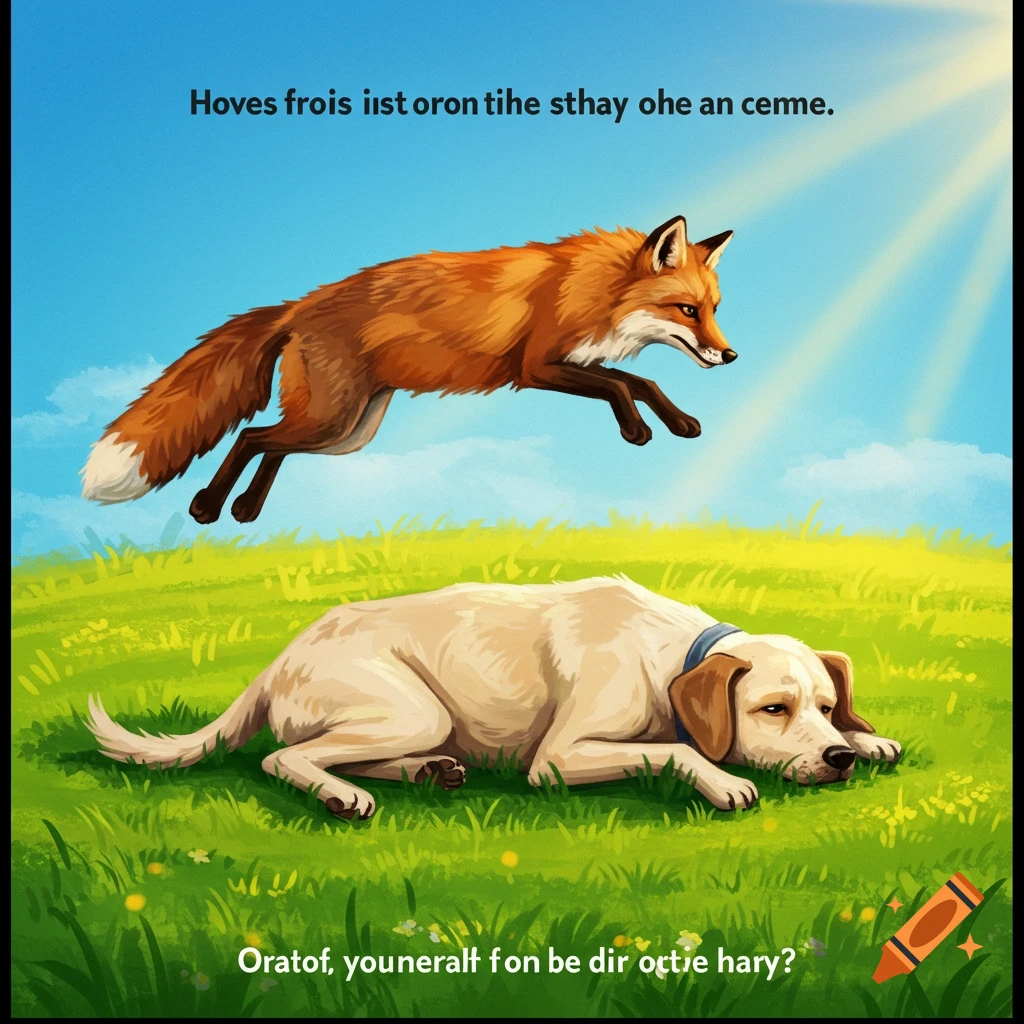 An illustration of a brown fox leaping over a lazy yellow dog in a grassy field under a blue sky, with gibberish text.