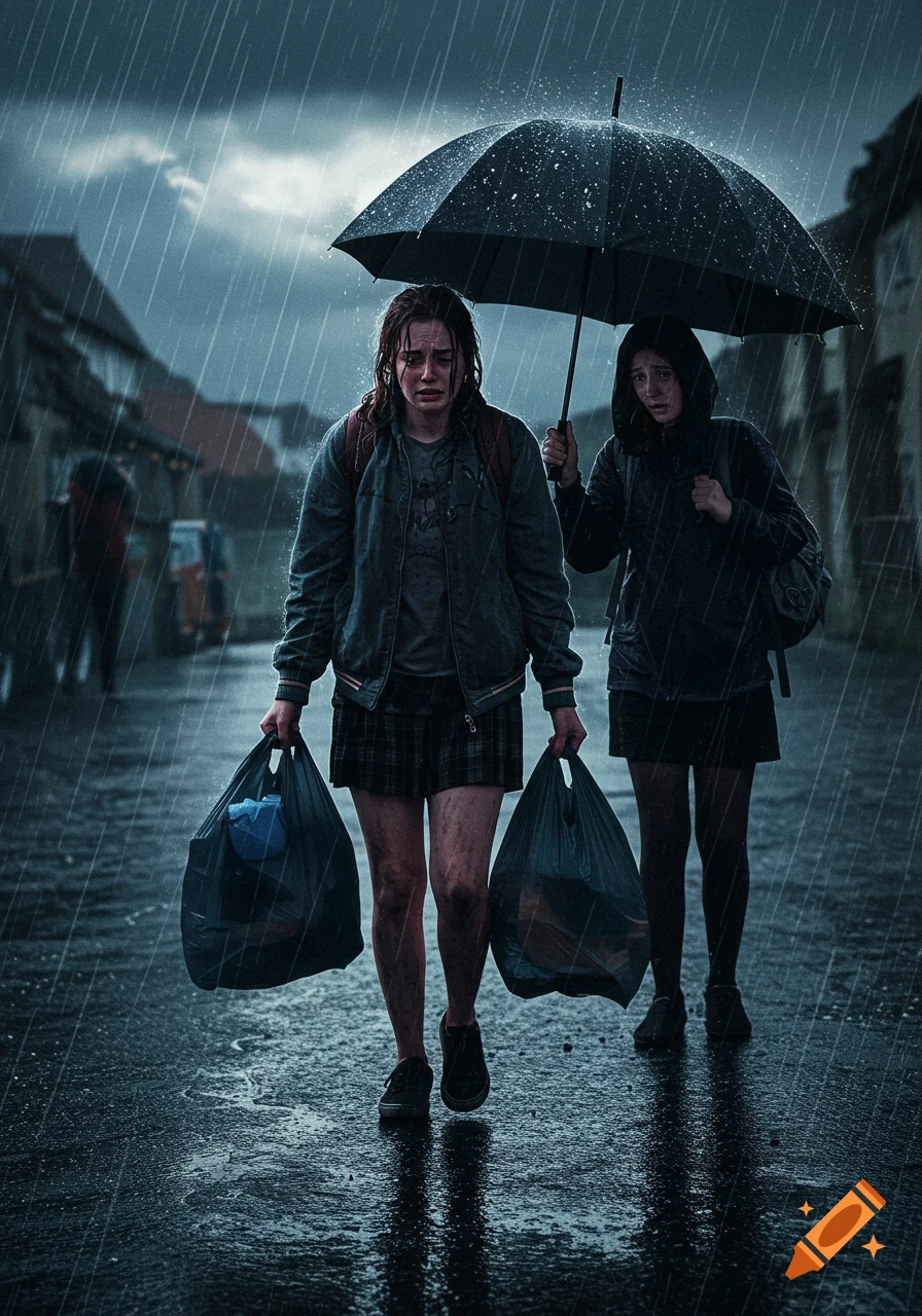 Two young women walk in heavy rain, one holding an umbrella while the other carries shopping bags and cries.