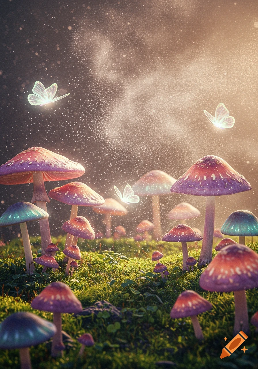 A fantasy scene of a mushroom garden with glowing butterflies and shimmering dust.