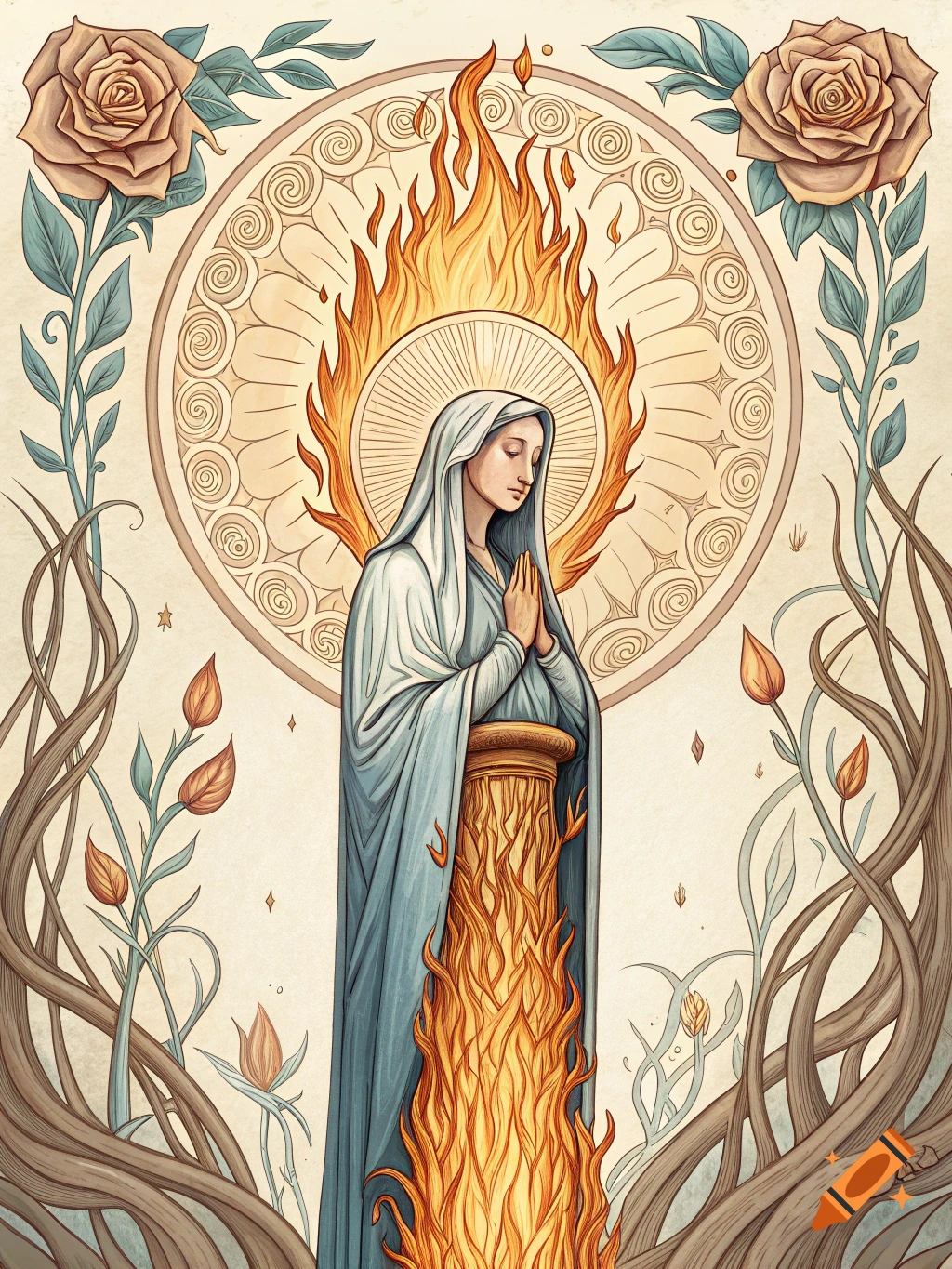 Art nouveau illustration of a praying religious figure surrounded by flames and roses.