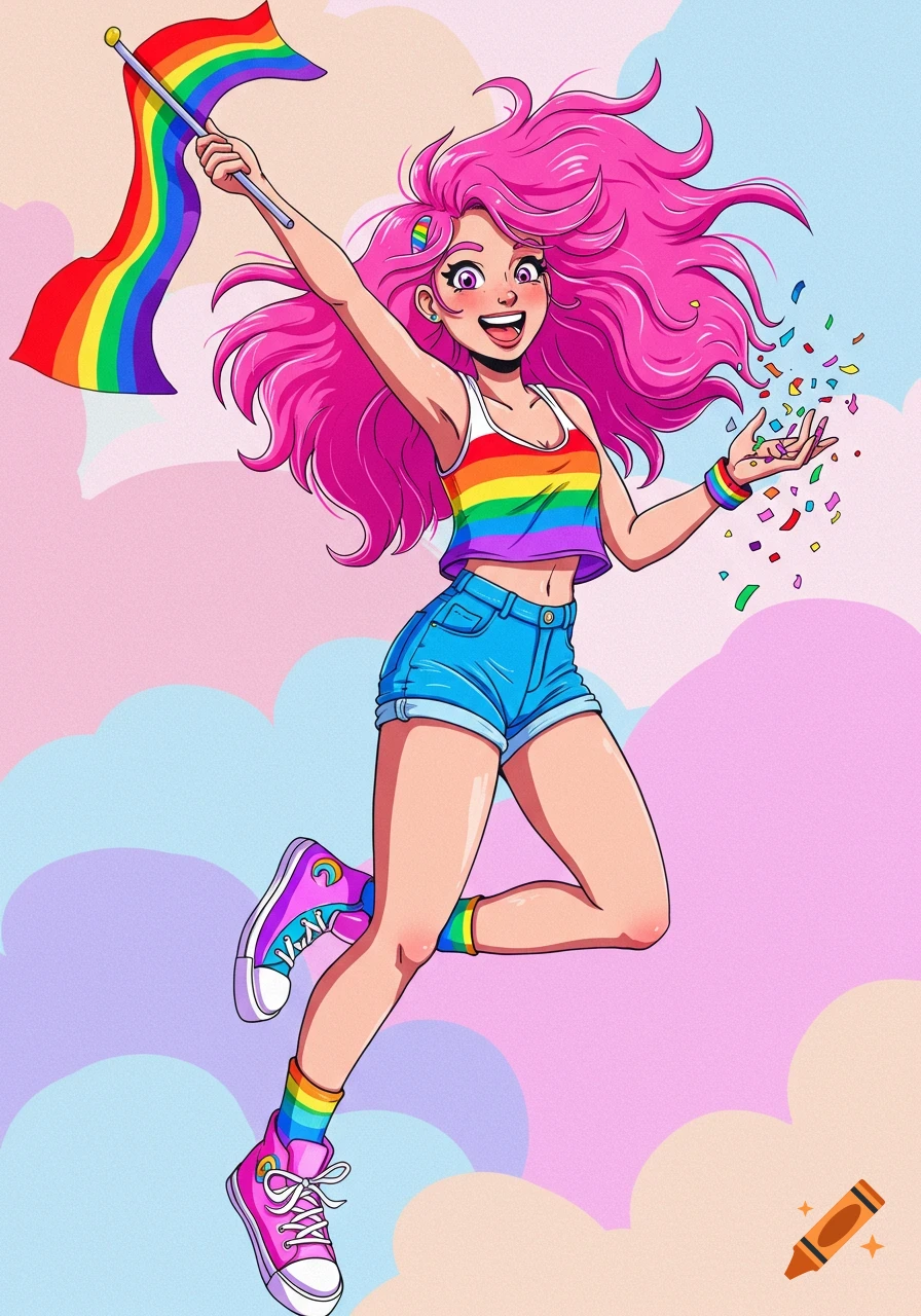 Anime girl with pink hair holding rainbow flag and throwing confetti during pride celebration